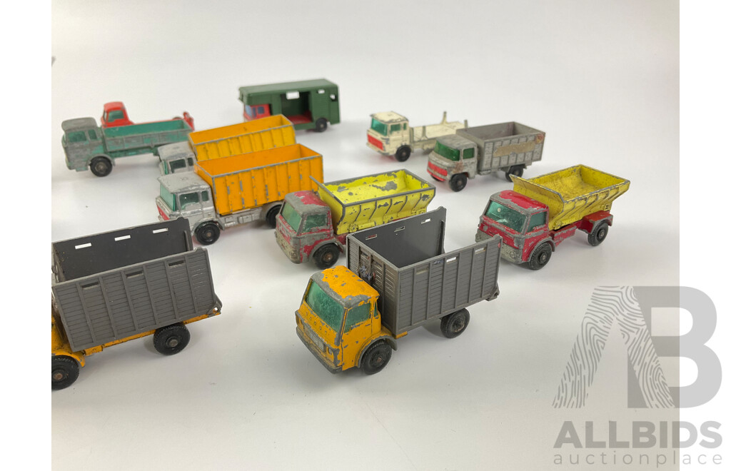 Collection of Vintage Diecast Matchbox Trucks Including Eight Wheel Crane, Grit Spreading Truck, Scaffolding Truck, Cattle Truck