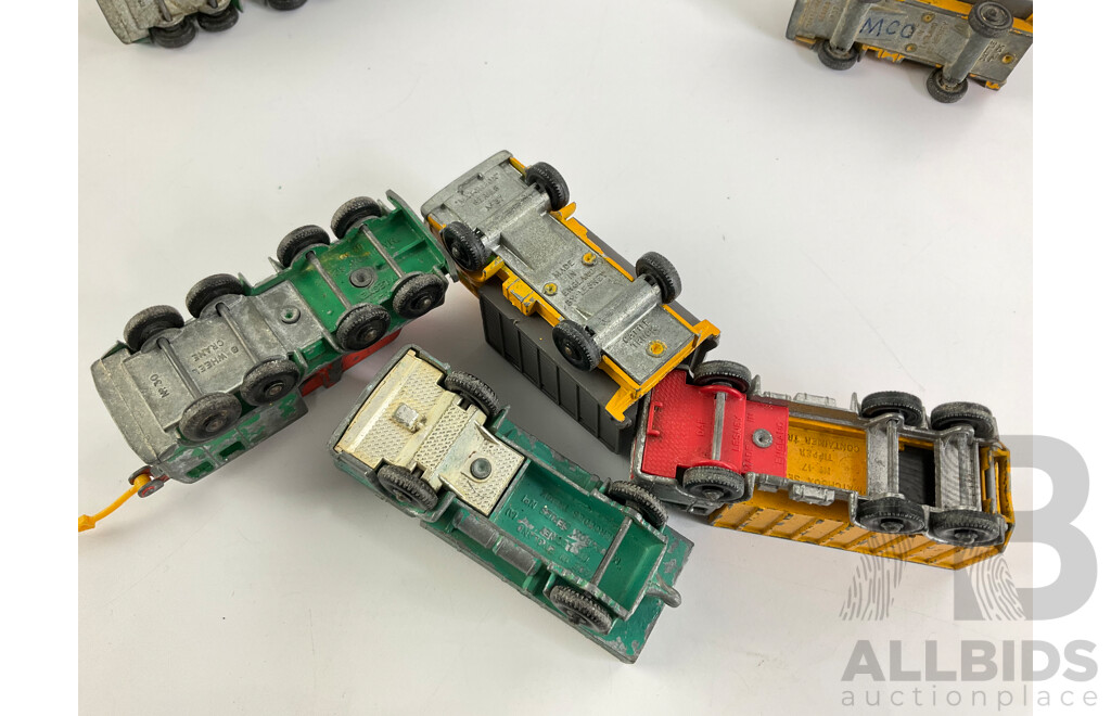 Collection of Vintage Diecast Matchbox Trucks Including Eight Wheel Crane, Grit Spreading Truck, Scaffolding Truck, Cattle Truck