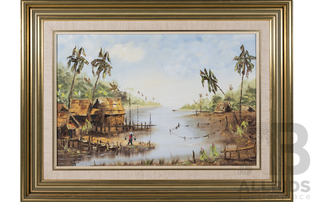 Meg Heres, (20th Century, Australian), Village Malaya, Vintage Oil on Canvas Board, 59.5 x 79.5^ Cm (frame)