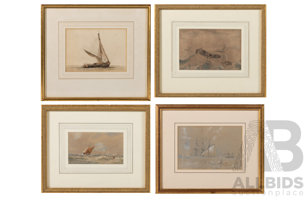 George Stanfield Walters, (19th/Early 20th C., British,1838-1924), Sailboat Rough Seas, Antique Watercolour, 23 x 28.5 cm (frame) & Trio of Artist Unknowns Antique Watercolours, (4)