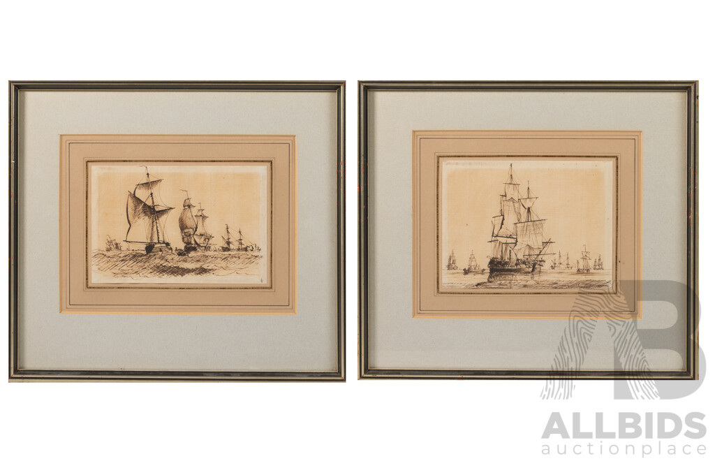 Artist Unknown, (Likely c1900s, British), Cutter Sailboats at Sea, Pair of Antique Pen & Ink Drawings, 32 x 36 cm (frames) (2)