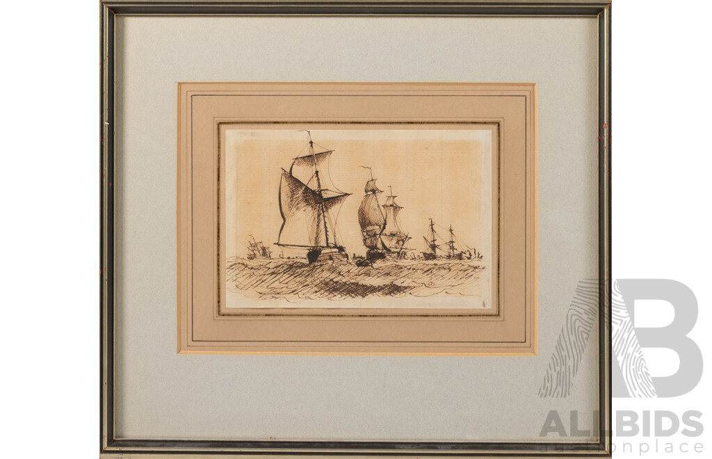 Artist Unknown, (Likely c1900s, British), Cutter Sailboats at Sea, Pair of Antique Pen & Ink Drawings, 32 x 36 cm (frames) (2)
