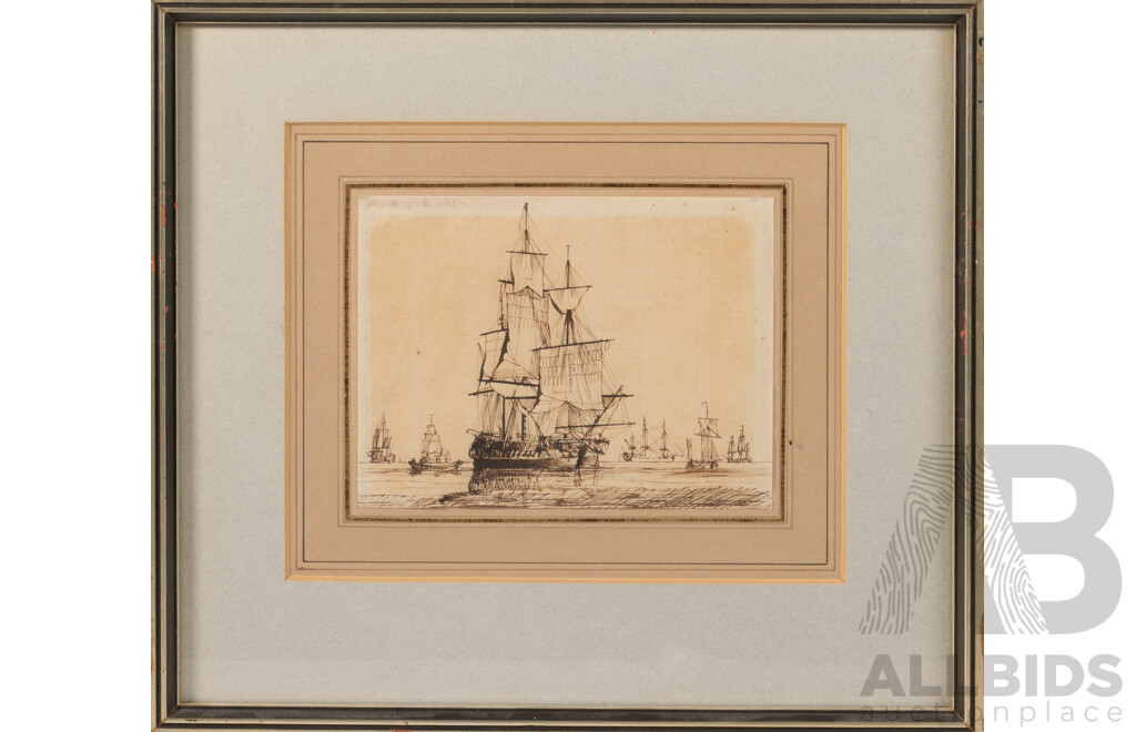 Artist Unknown, (Likely c1900s, British), Cutter Sailboats at Sea, Pair of Antique Pen & Ink Drawings, 32 x 36 cm (frames) (2)