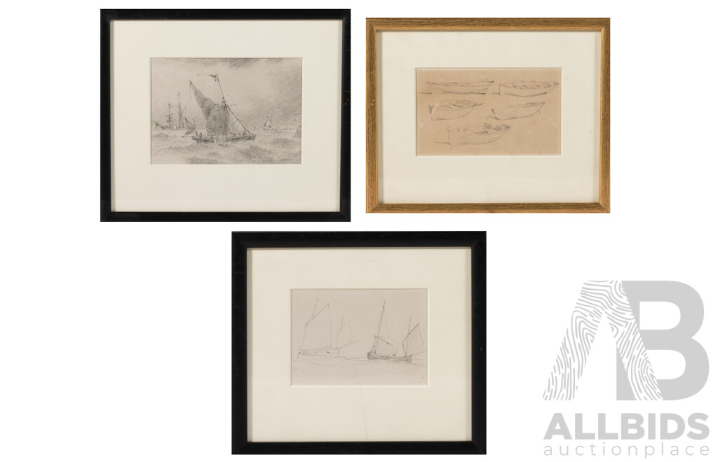 Artists Unknown, Boats on Rough Water, Five Boat Study & Pair of Sailboats at Sea Study, Trio of Antique Marine Pencil Sketches, 25 x 30 cm (largest frame) (3)