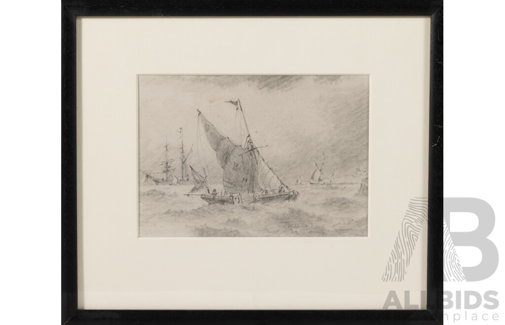 Artists Unknown, Boats on Rough Water, Five Boat Study & Pair of Sailboats at Sea Study, Trio of Antique Marine Pencil Sketches, 25 x 30 cm (largest frame) (3)