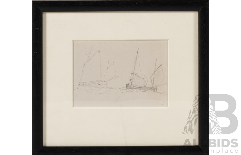 Artists Unknown, Boats on Rough Water, Five Boat Study & Pair of Sailboats at Sea Study, Trio of Antique Marine Pencil Sketches, 25 x 30 cm (largest frame) (3)