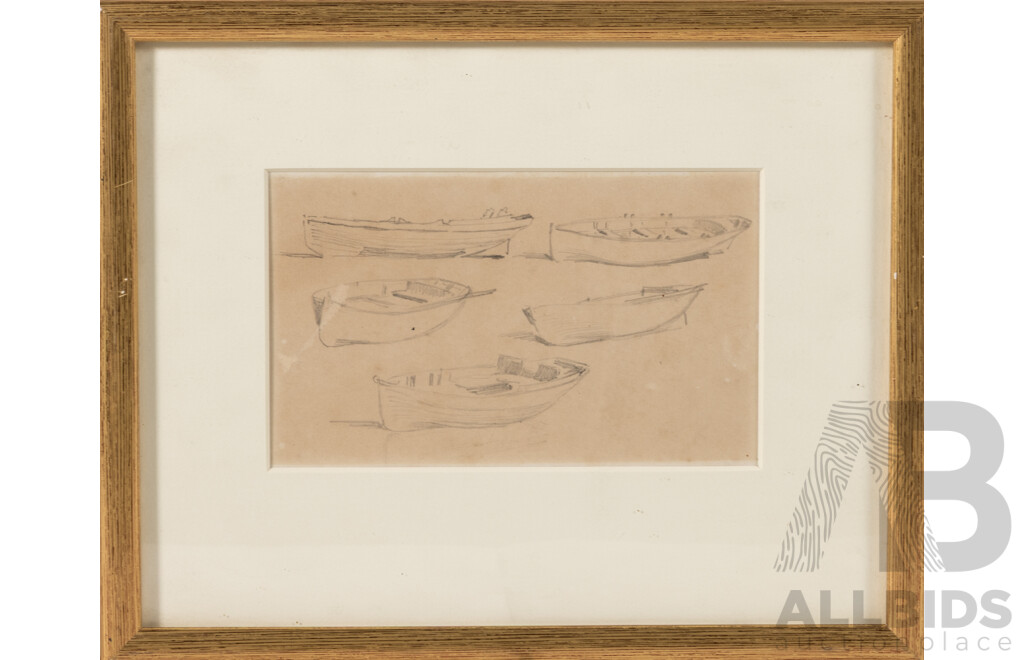 Artists Unknown, Boats on Rough Water, Five Boat Study & Pair of Sailboats at Sea Study, Trio of Antique Marine Pencil Sketches, 25 x 30 cm (largest frame) (3)
