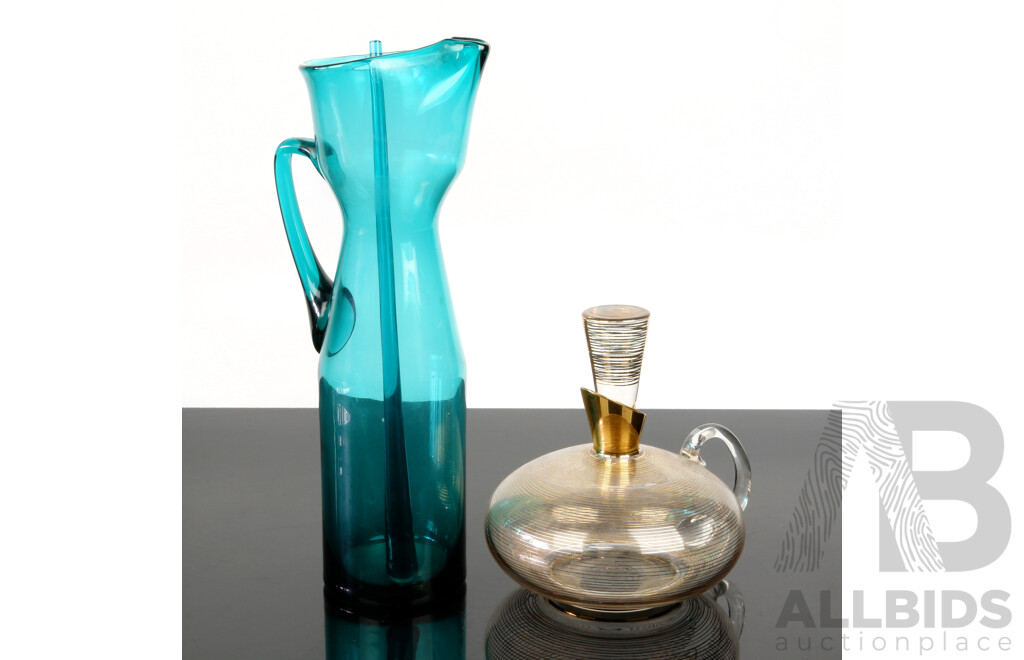 Mid Century Blue Glass Pitcher with Swizzle Stick Along with Decanter with Stopper