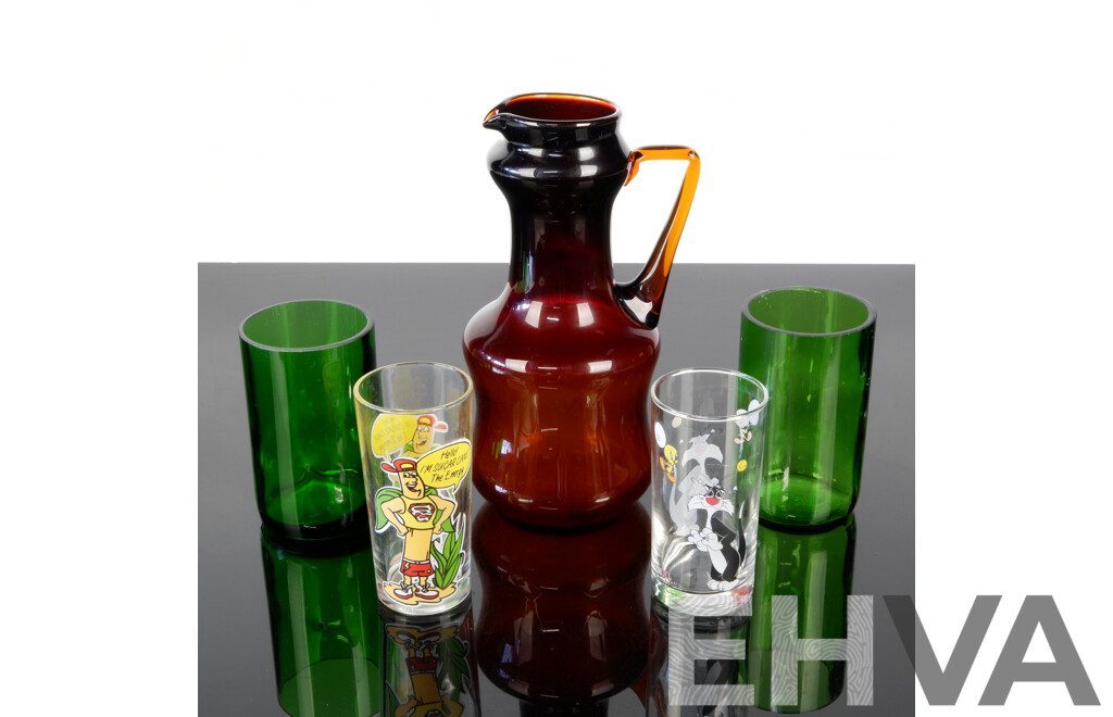 Retro Orange Glass Pitcher Along with Two Green Glass Tumblers and Two IXL Novelty Tumblers