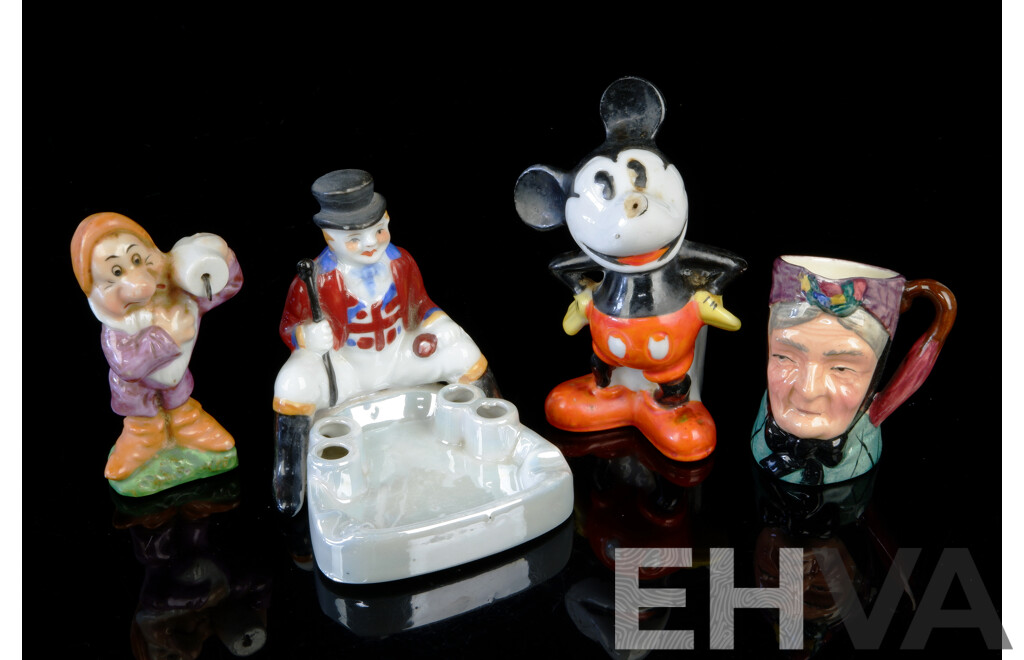 Vintage Japan Made Ceramic Mickey Mouse Figure and Ashtray, Snow White Dwarf Figure and Sterling Character Jug