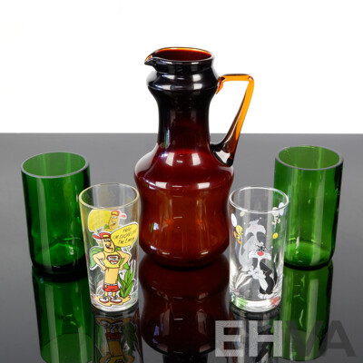 Retro Orange Glass Pitcher Along with Two Green Glass Tumblers and Two IXL Novelty Tumblers