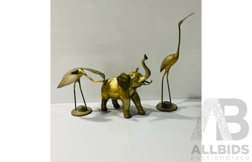 Retro Brass Elephant Figure Along with Pair Brass Decorator Crane Figures