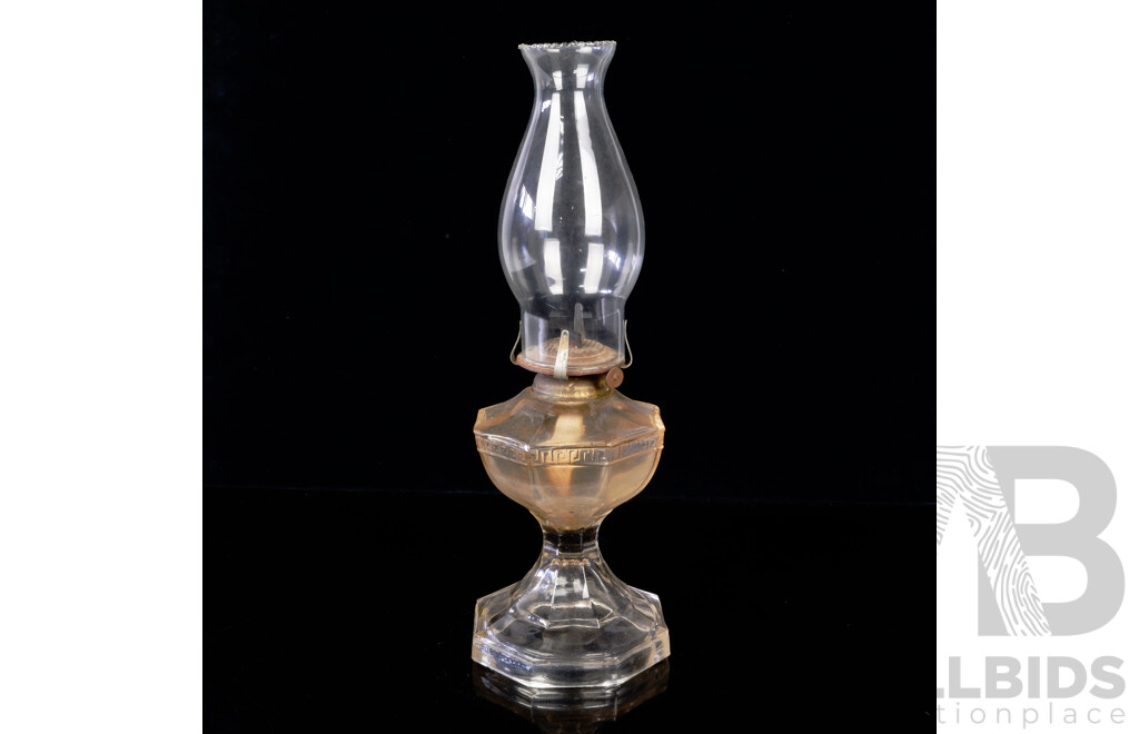 Antique Oil Lamp with Hexagonal Glass Base and Greek Key Decoration with Glass Flue