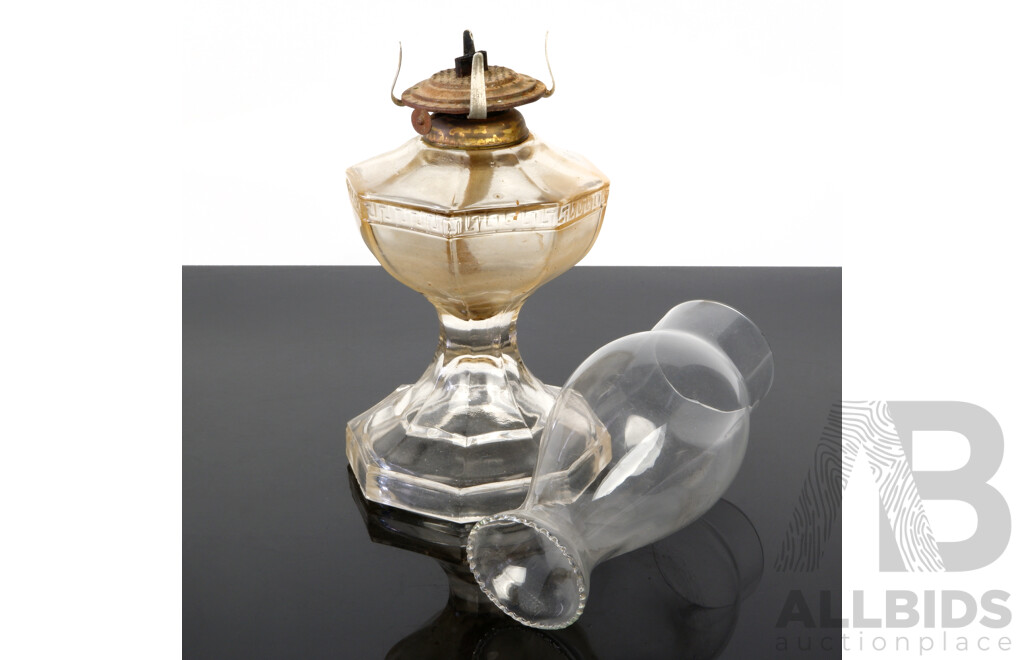 Antique Oil Lamp with Hexagonal Glass Base and Greek Key Decoration with Glass Flue