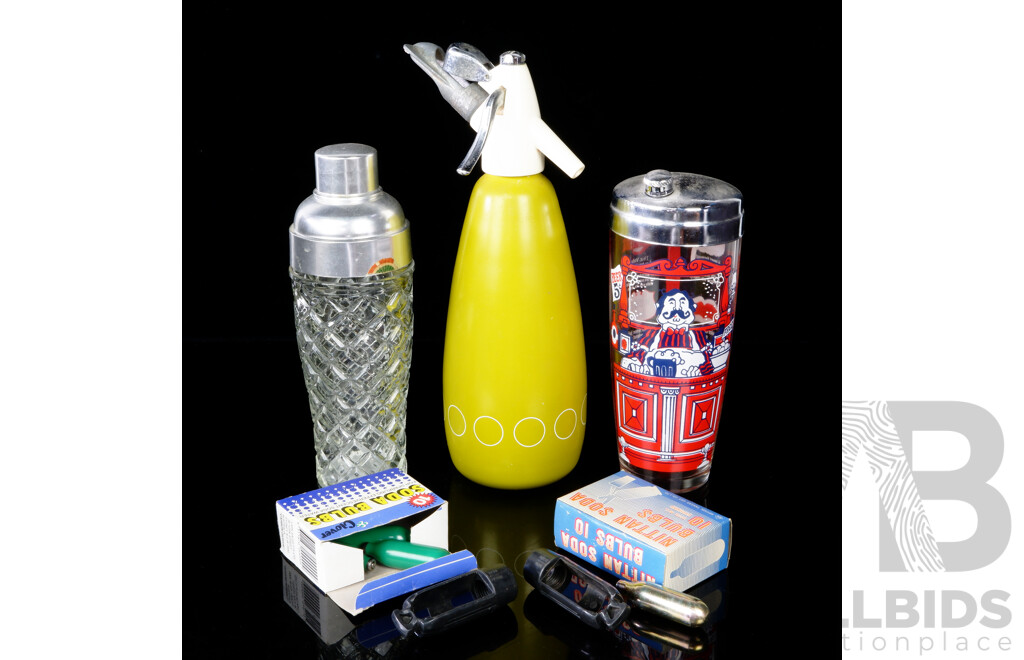 Retro BOC Soda Siphon Along with Novelty Cocktail Shaker, Cup & Bulbs