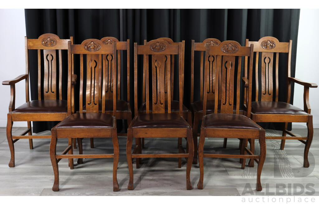 Set of Eight Edwardian Oak Dining Chairs Inc 2 Carvers