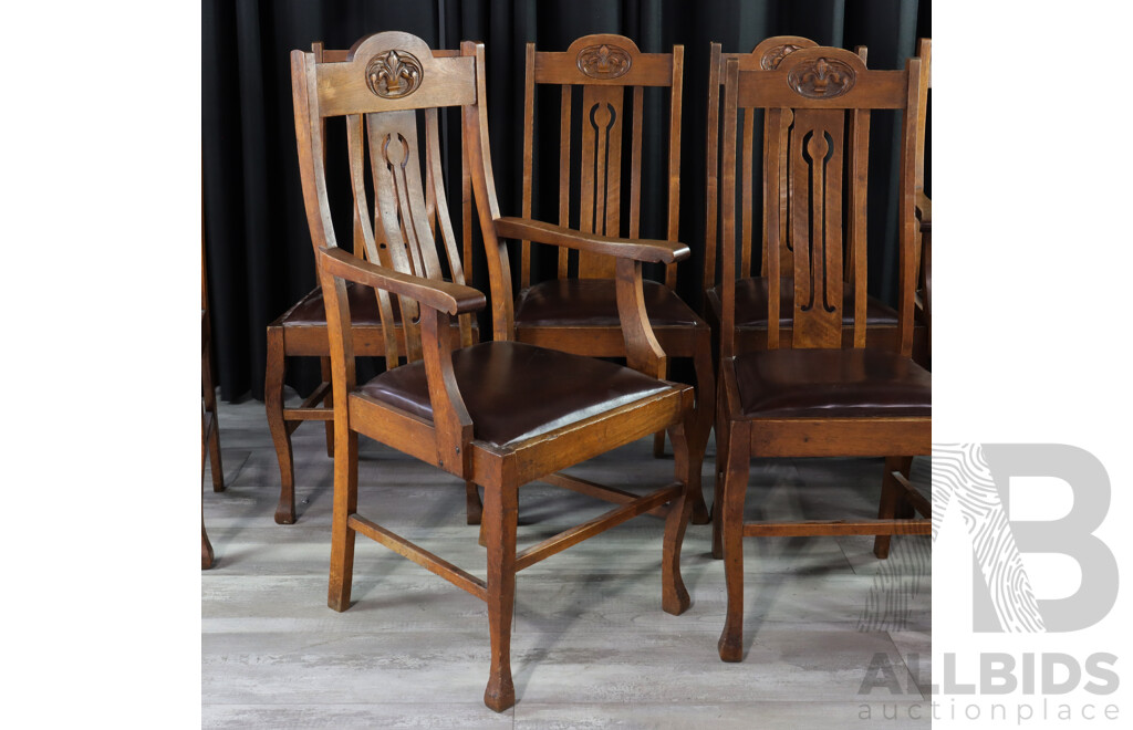 Set of Eight Edwardian Oak Dining Chairs Inc 2 Carvers