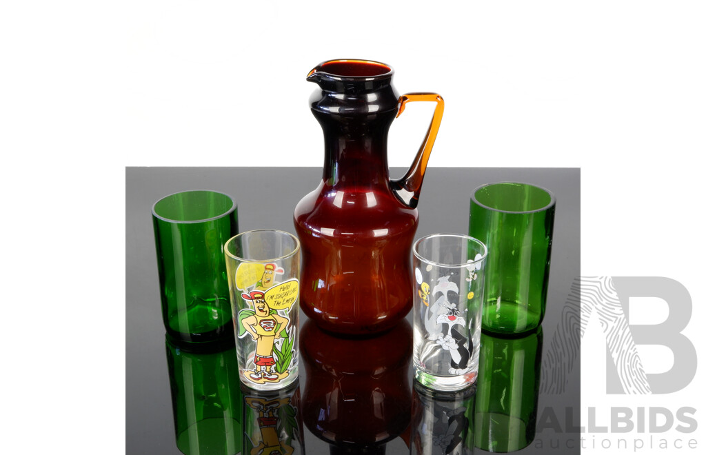 Retro Orange Glass Pitcher Along with Two Green Glass Tumblers and Two IXL Novelty Tumblers