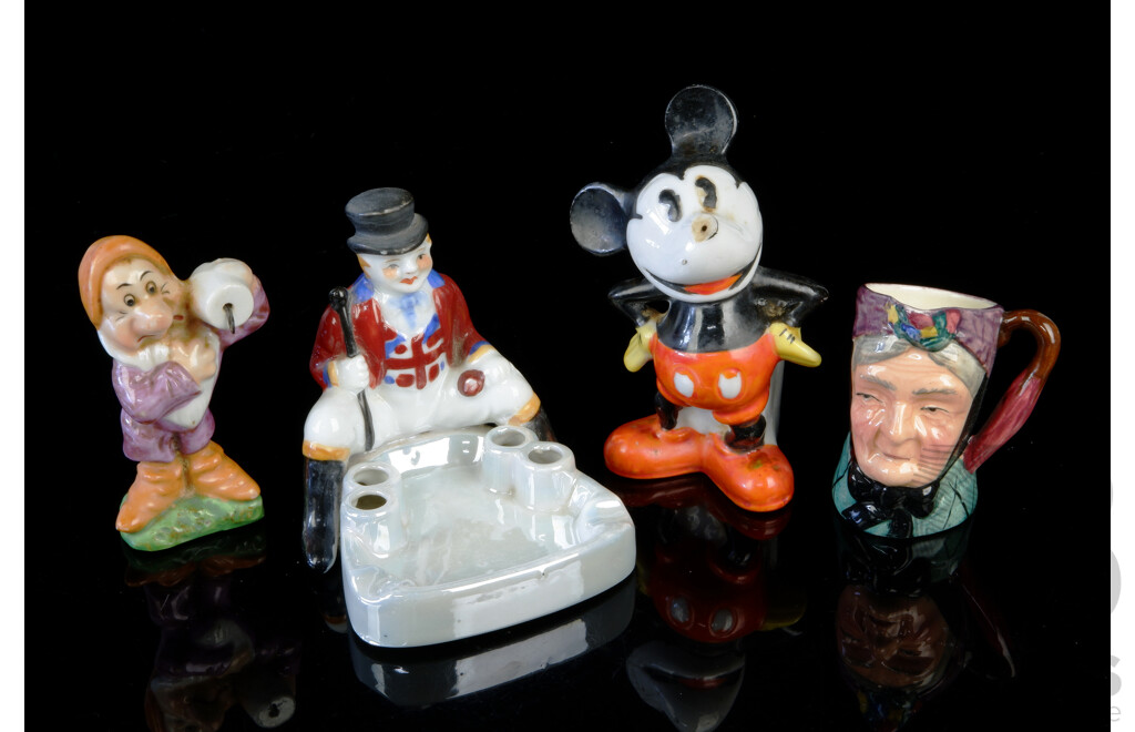 Vintage Japan Made Ceramic Mickey Mouse Figure and Ashtray, Snow White Dwarf Figure and Sterling Character Jug