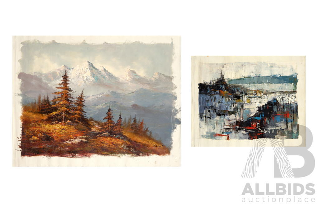 Pair of Mid Century Unframed Canvases - Abstract and Autumn Forest Embraced by Snowy Mountain Peaks (2)