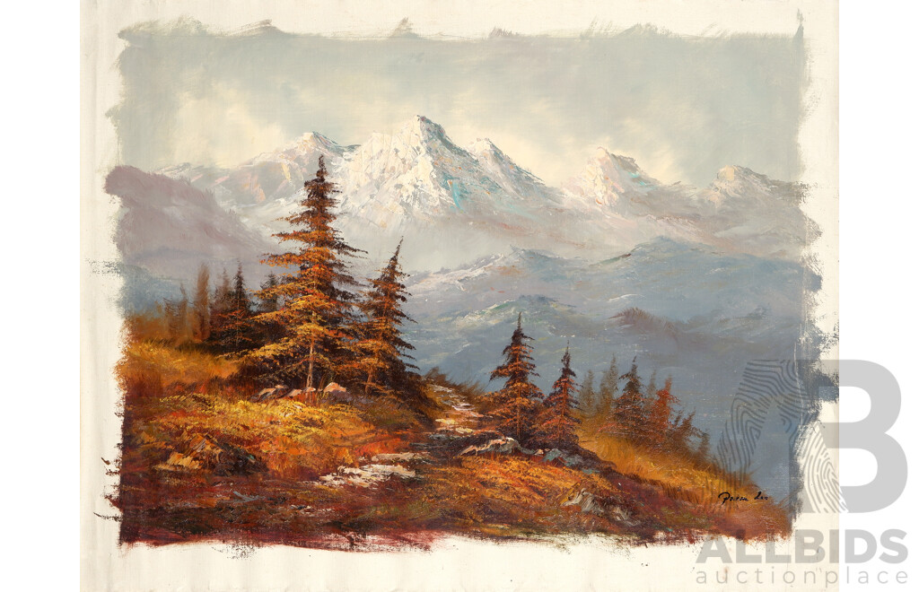 Pair of Mid Century Unframed Canvases - Abstract and Autumn Forest Embraced by Snowy Mountain Peaks (2)