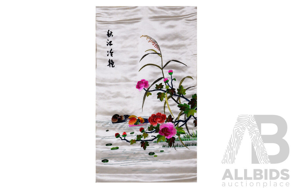 Chinese School, (20th Century), Birds on Water with Flowers, Vintage Silk Panel Embroidered with Coloured Thread