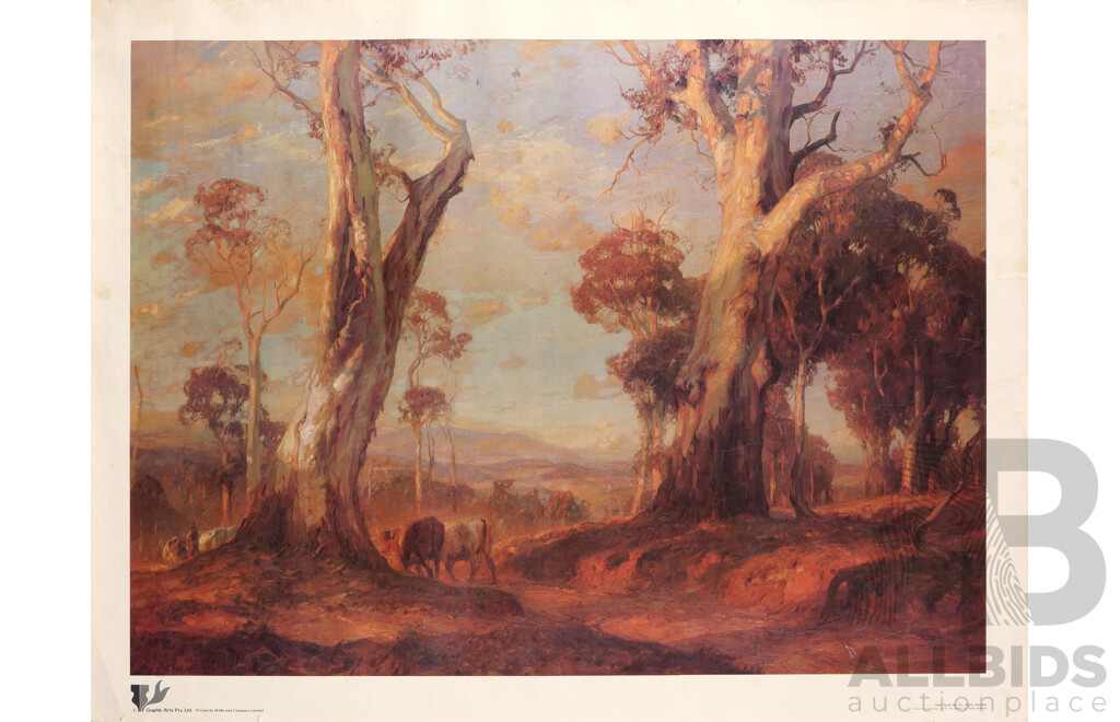 Hans Heysen (Early-Mid 20th Century, 1877-1968), Red Gold & Wanaka Country, Wonderful Pair of Vintage Colour Prints of Original Oils on Canvas, 56 x 76 cm (Red Gold Image) (2)