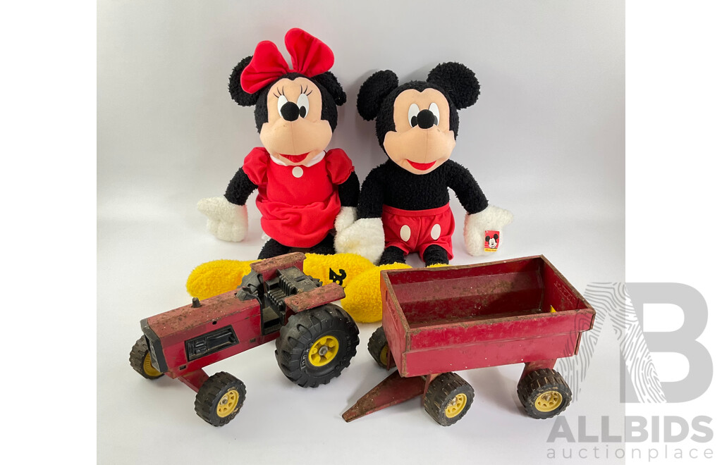 Vintage Steel Toy Tonka Tractor and Trailer with Plush Mickey and Minnie Mouse