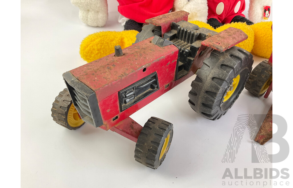 Vintage Steel Toy Tonka Tractor and Trailer with Plush Mickey and Minnie Mouse