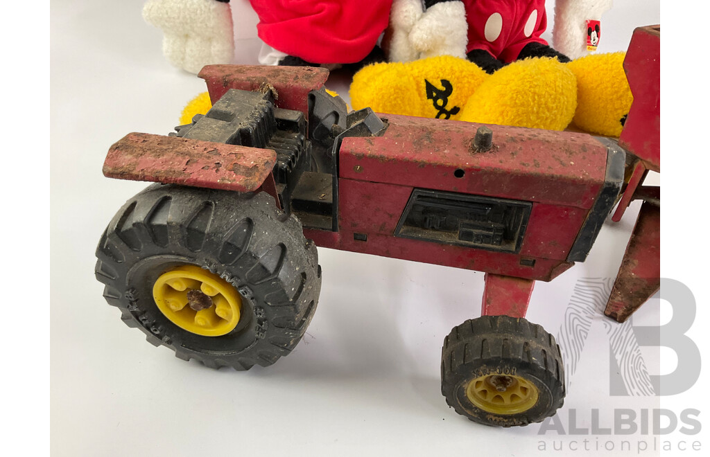 Vintage Steel Toy Tonka Tractor and Trailer with Plush Mickey and Minnie Mouse