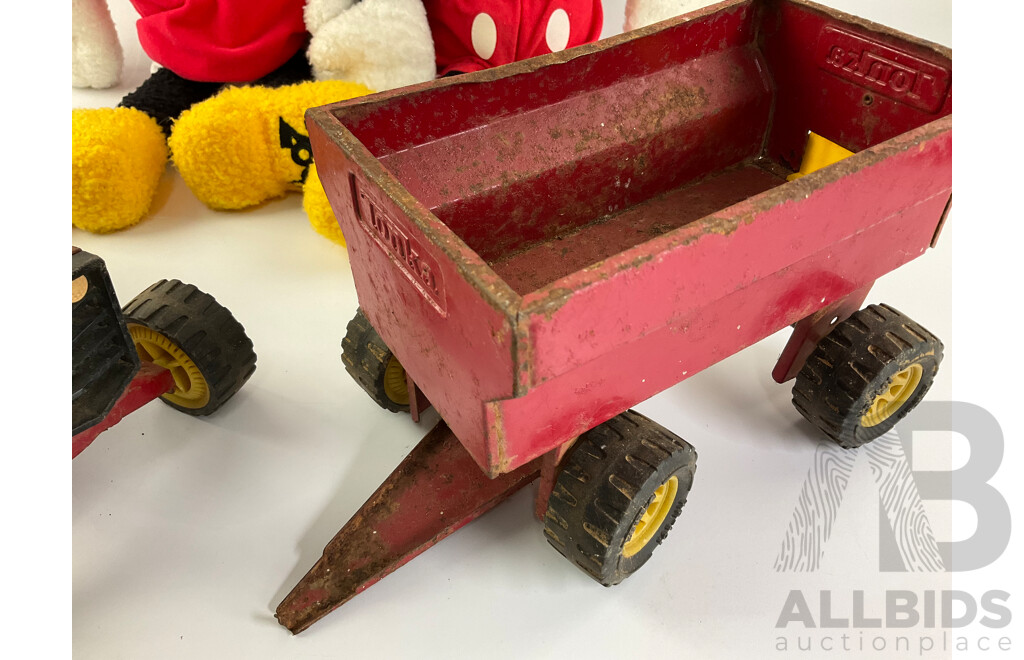 Vintage Steel Toy Tonka Tractor and Trailer with Plush Mickey and Minnie Mouse