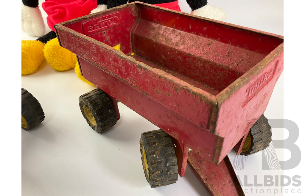 Vintage Steel Toy Tonka Tractor and Trailer with Plush Mickey and Minnie Mouse