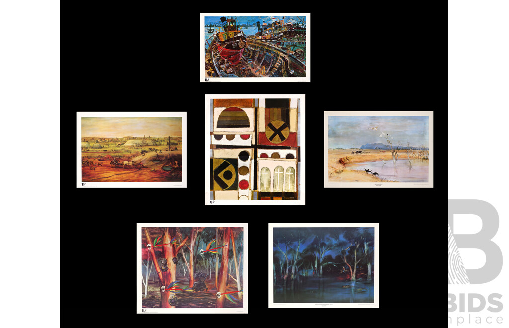 Collection of Six Colour Reproduction Posters of Australian School Artists - Arthur Boyd, Pro Hart, John Perceval, Albert Ticker and Leonard French, 68 x 83 cm (approx largest) (6)