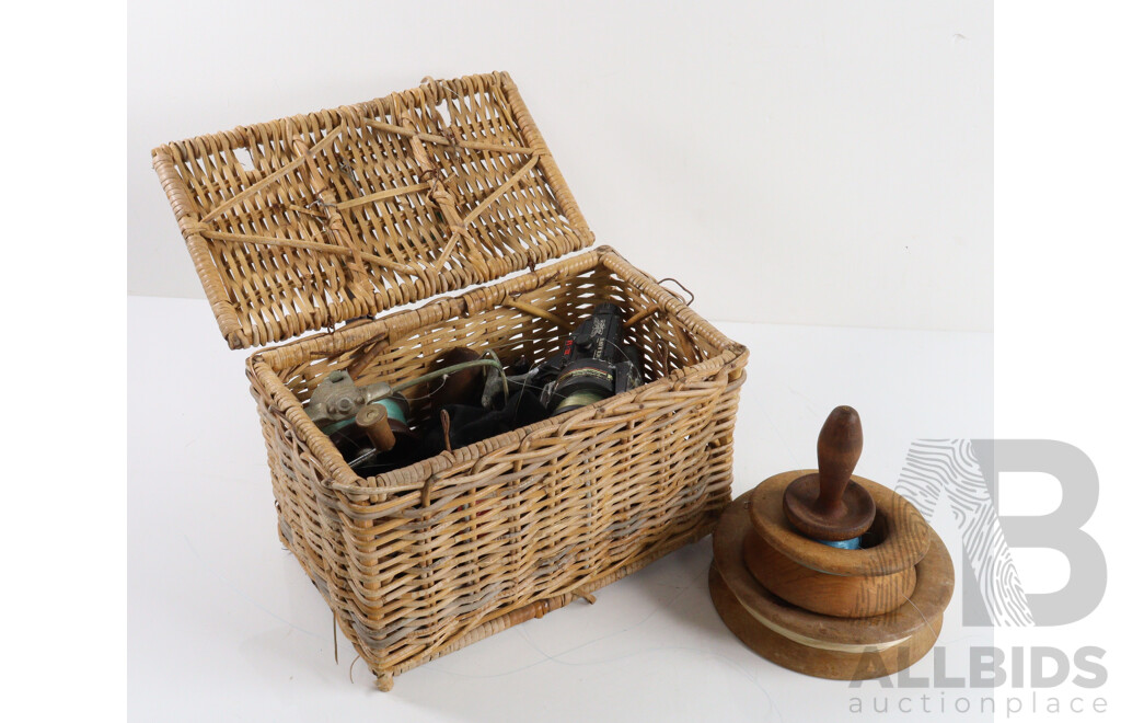 Vintage Cane Fishing Creel with Contents and Three Timber Hand Lines