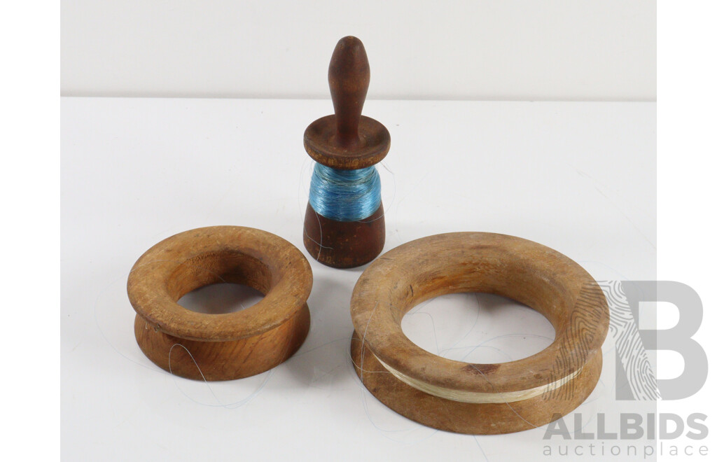 Vintage Cane Fishing Creel with Contents and Three Timber Hand Lines