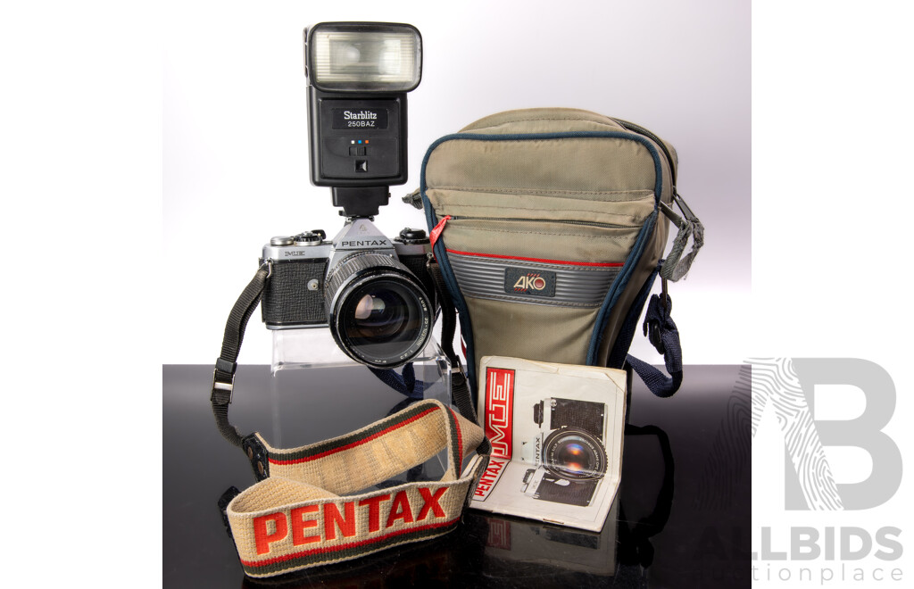 Vintage Japanese Pentax Asahi ME Film Camera, with Kenlock 58mm Zoom Lens, Starblitz Flash and Carry Case