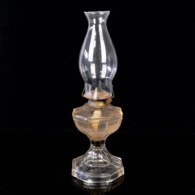 Antique Oil Lamp with Hexagonal Glass Base and Greek Key Decoration with Glass Flue