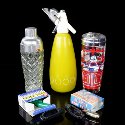 Retro BOC Soda Siphon Along with Novelty Cocktail Shaker, Cup & Bulbs