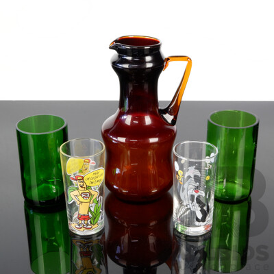 Retro Orange Glass Pitcher Along with Two Green Glass Tumblers and Two IXL Novelty Tumblers