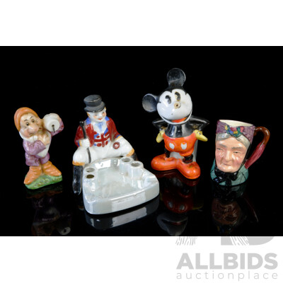 Vintage Japan Made Ceramic Mickey Mouse Figure and Ashtray, Snow White Dwarf Figure and Sterling Character Jug