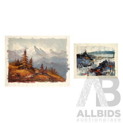 Pair of Mid Century Unframed Canvases - Abstract and Autumn Forest Embraced by Snowy Mountain Peaks (2)