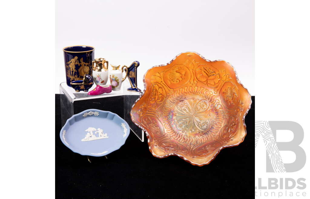 Vintage Marigold Carnival Glass Dish with Fluted Rim, Wedgwood Jasperware Dish with Six Miniature French Limoges Pieces