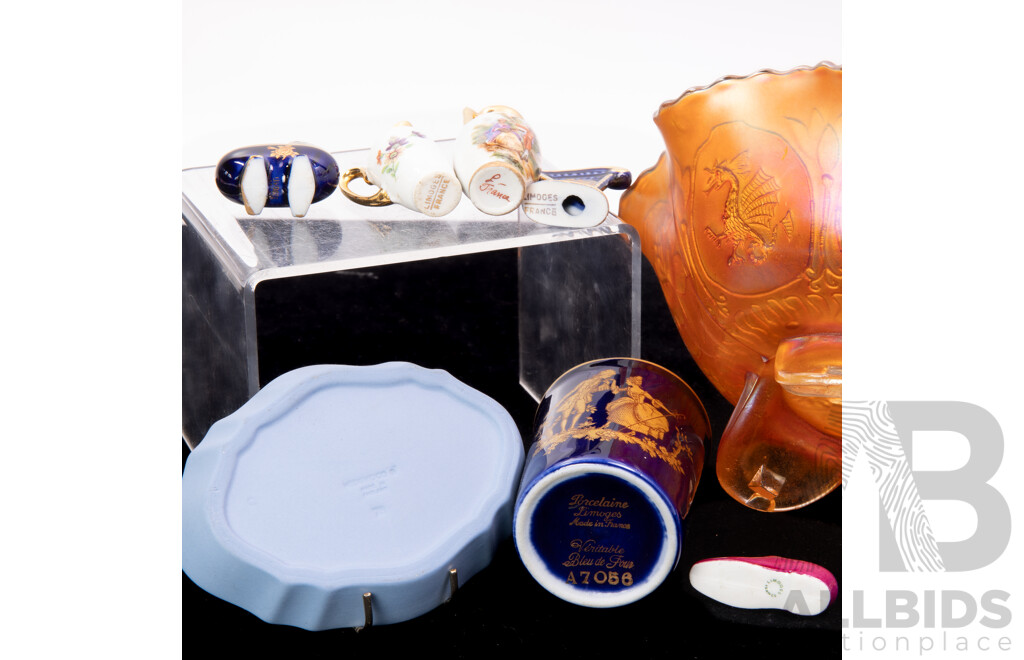 Vintage Marigold Carnival Glass Dish with Fluted Rim, Wedgwood Jasperware Dish with Six Miniature French Limoges Pieces