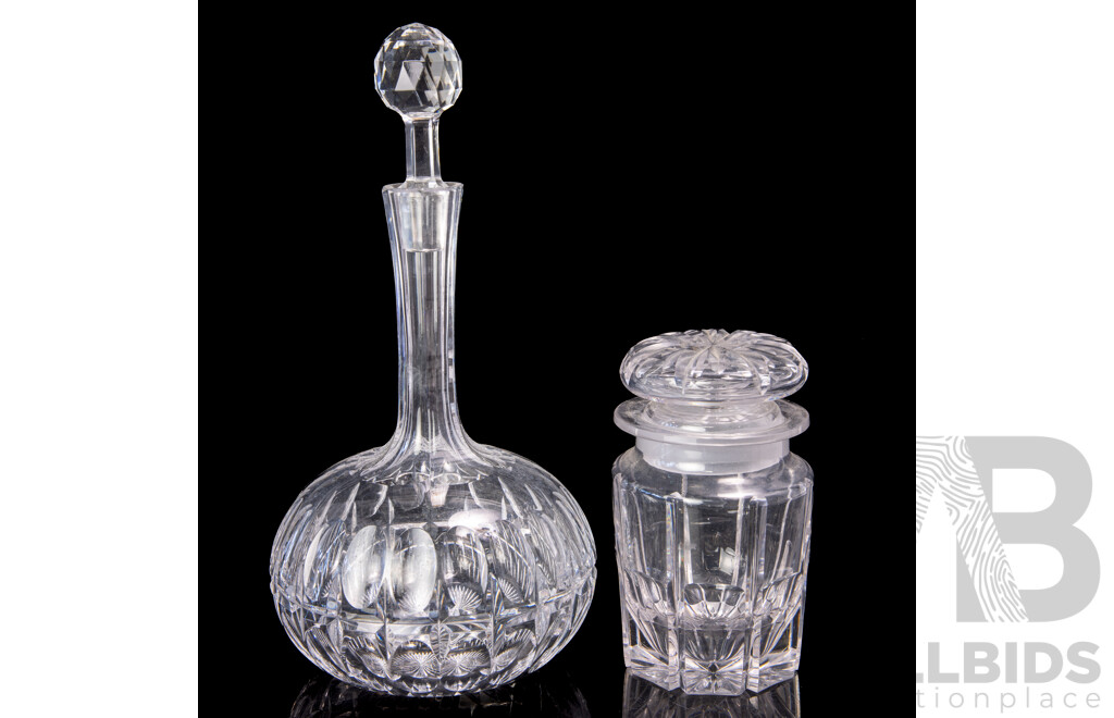 Vintage Staurt Crystal Decanter with Stopper Along with Vintage Heavy Cut Crystal Lidded Jar