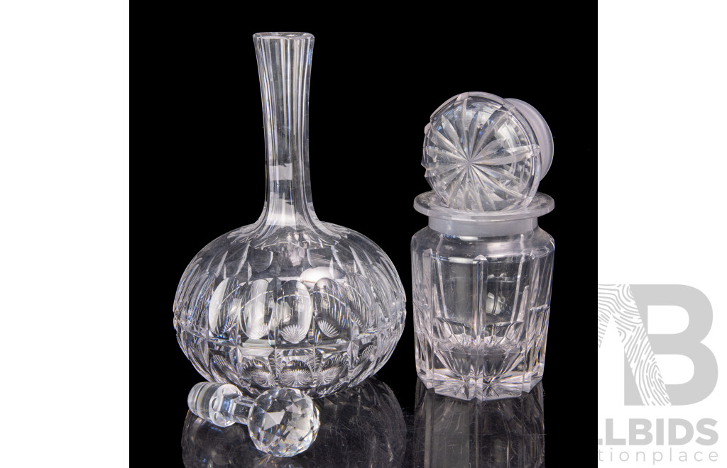 Vintage Staurt Crystal Decanter with Stopper Along with Vintage Heavy Cut Crystal Lidded Jar
