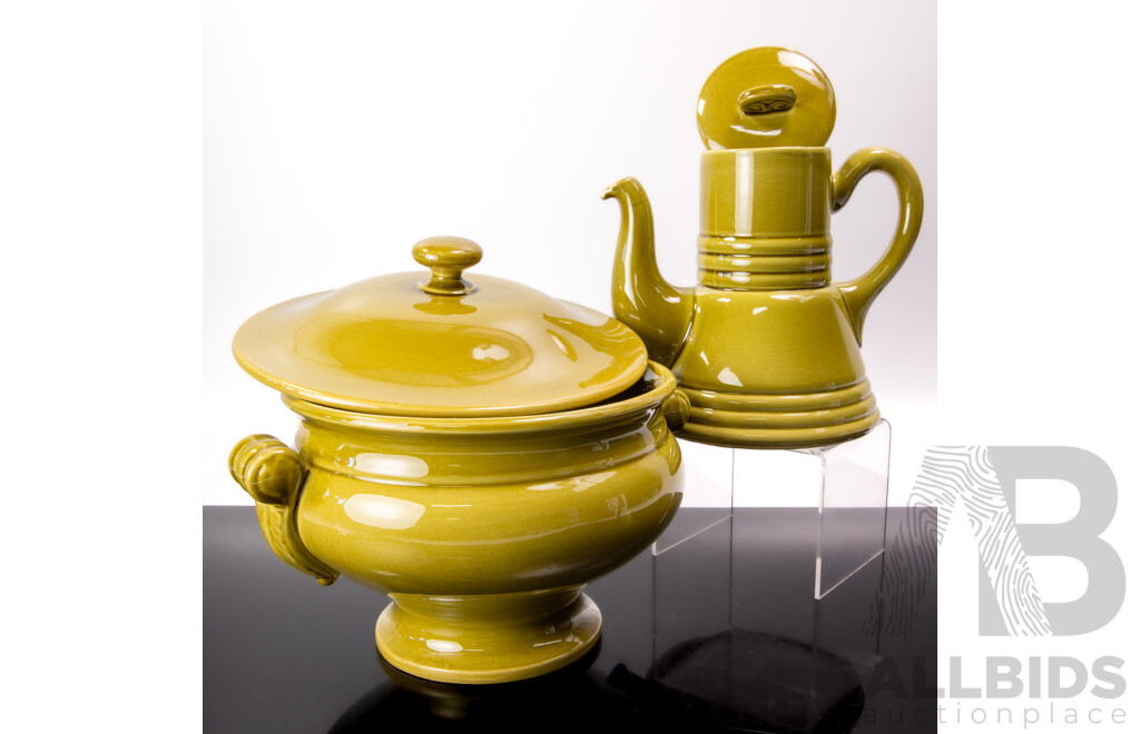 Vintage French Quimper Pottery Lidded Coffee Pot and Lidded Tureen