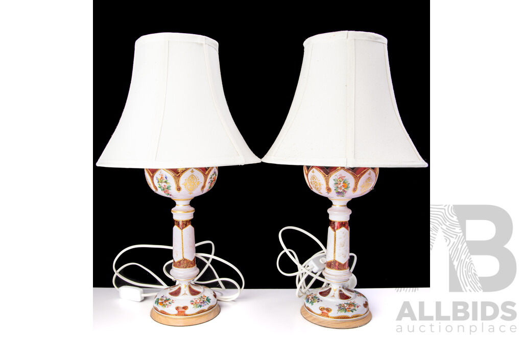 Pair Antique Victorian Ruby Glass Lusters with Hand Painted Scenes, Converted to Table Lamps