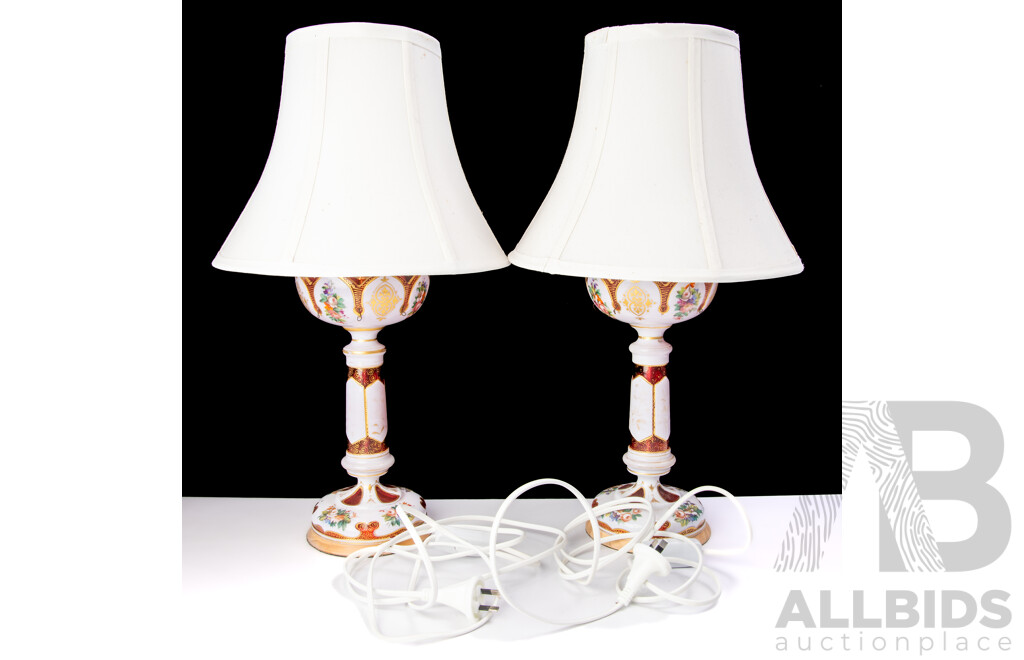 Pair Antique Victorian Ruby Glass Lusters with Hand Painted Scenes, Converted to Table Lamps