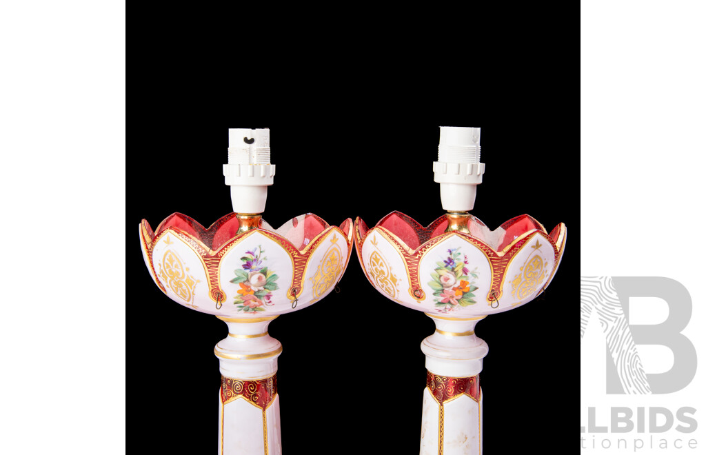 Pair Antique Victorian Ruby Glass Lusters with Hand Painted Scenes, Converted to Table Lamps