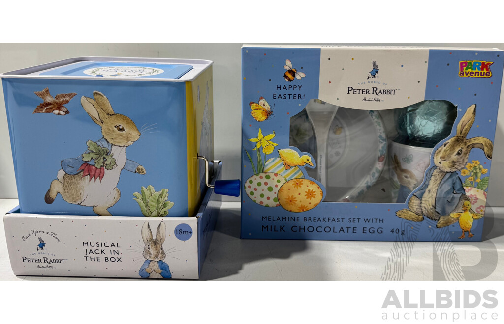 Peter Rabbit Melamine Breakfast Set Along with Musical Jack in the Box, Both in Original Packaging